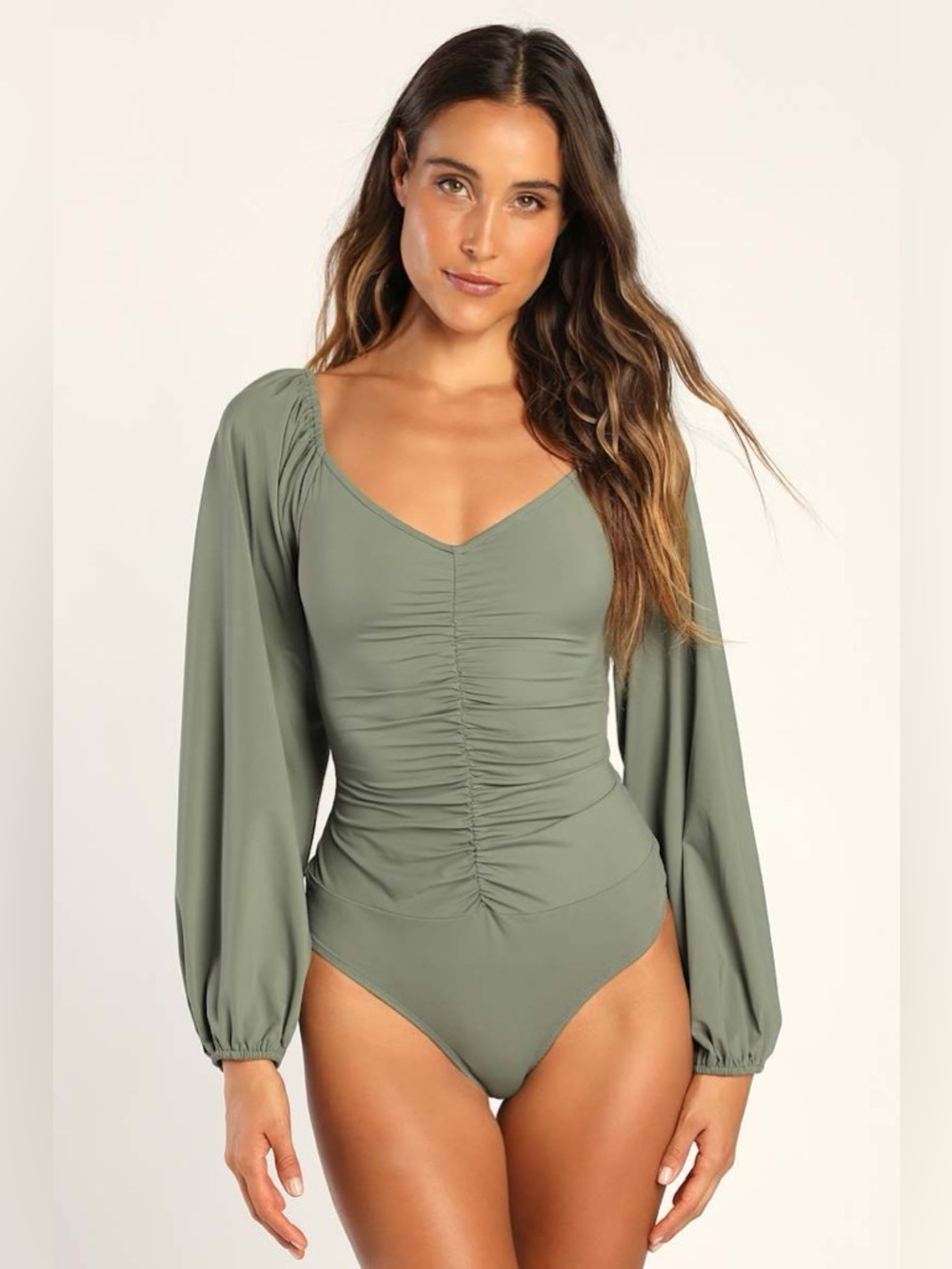 Lulus Certified Flirt Sage Green Ruched Long Sleeve Bodysuit - Picture 4 of 6